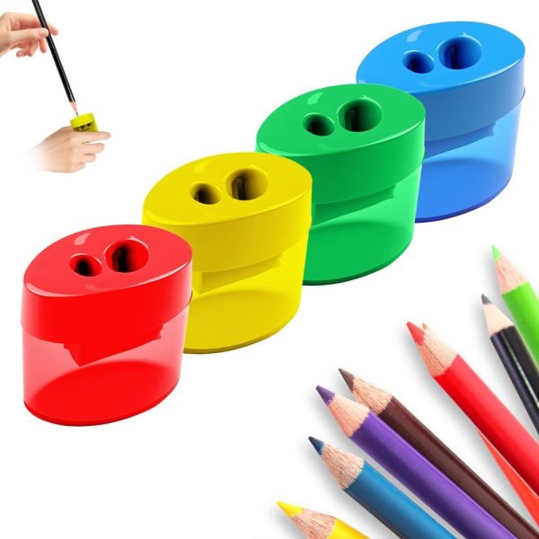 4 Pcs Pencil Sharpeners with Lid, 2025 New Dual Holes Compact Colored Handheld Pencil Sharpener, Mini Portable Sharpener Plastic Durable Sharpener for Kids Adults Students Home Office (Oval)