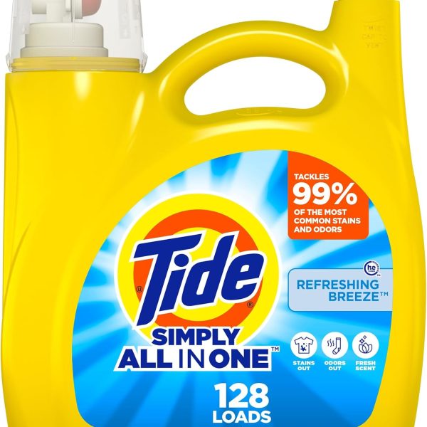 Tide Simply All-In-One Liquid Laundry Detergent, Refreshing Breeze Scent, 128 Loads, 168 fl oz