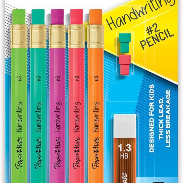 Paper Mate Handwriting Triangular Mechanical Pencil Set with Lead & Eraser Refills, 1.3mm, 8 Count - Back to School, Teacher Supplies, Home, Kids Writing, Fun Barrel Colors