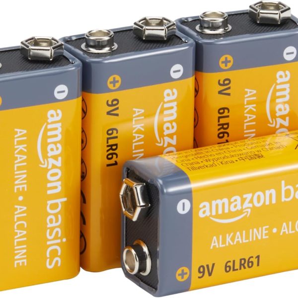 Amazon Basics 4-Pack 9V Alkaline Batteries, 5-Year Shelf Life - for Smoke/CO Detector, Electronics & Audio