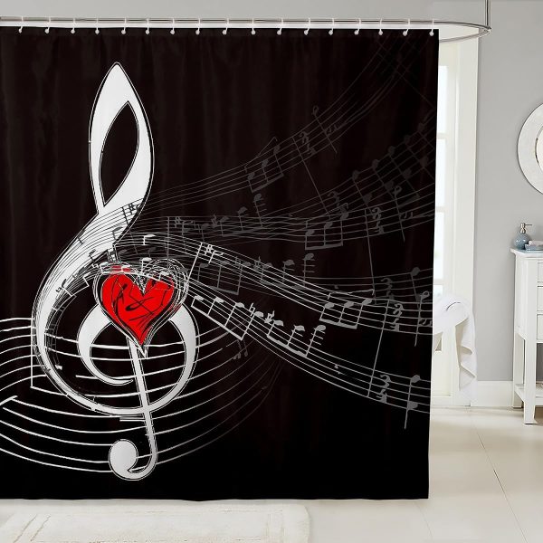 Music Theme Bathroom Shower Curtain Set Flying Notes Bedding Set for Boys Girls Children Heart Love Musical Style Red Black Bath Curtain Room Decor 72"x78" Kids Bathroom Accessories