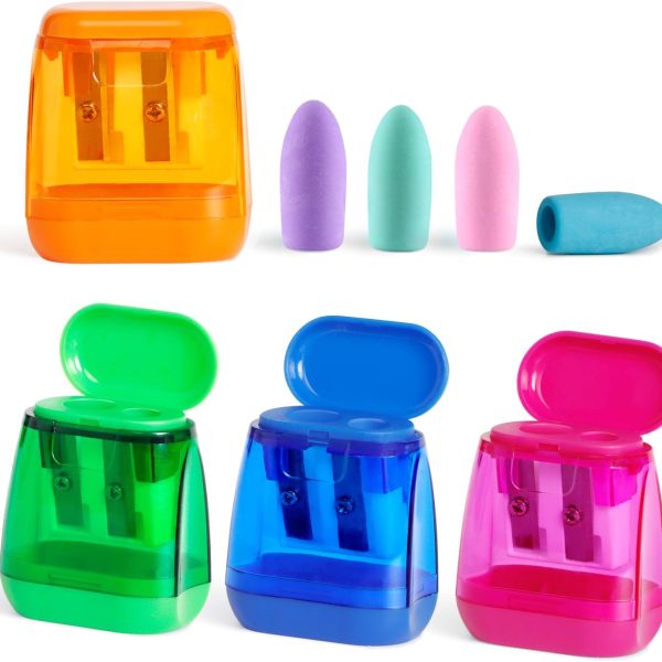 Pencil Sharpeners, Aipker Manual Sharpeners & Pencil Top Eraser Set for Colored Pencils, Colorful Protable Dual Holes Pencil Sharpener with Lid for Kids, Audlts, Artists, Classroom, School & Office