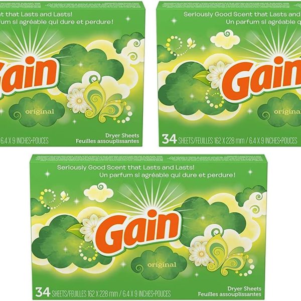 Gain Dryer Sheets - Original Scent - 34 Count Sheets Per Box - Pack of 3 Boxes