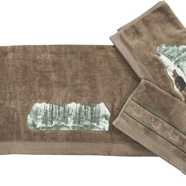 Paseo Road Joshua 3 Piece Rustic Bathroom Towel Set, Mocha, Forest Pine Tree Bear Antler Cabin Theme Towels, Lodge Bath Towel, Hand Towel and Finger Towel