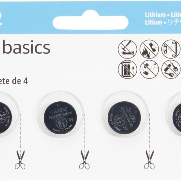 Amazon Basics 4-Pack 3 Volt CR1632 Lithium Coin Cell Battery, Long Lasting Power, Mercury-Free