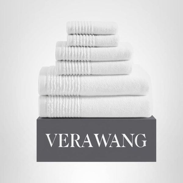 Vera Wang - Bath Towels, 100% Super Soft & Highly Absorbent Cotton Towel Set, Medium Weight Plush Feel, Low Linting & Fade Resistant Bathroom Towels (Sculpted Pleat White, 6 Piece)
