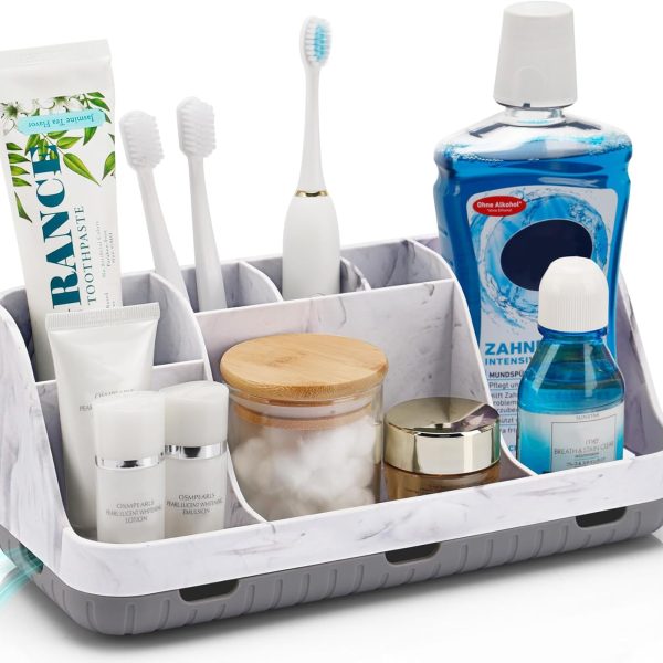 Marble Bathroom Countertop Organizer - Detachable 7 Slots Kids Electric Toothbrush and Toothpaste Holde Drainage for Bathroom Accessories Organization Counter Vanity Storage, Grey