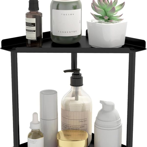 2 Tier Bathroom Counter Organizer, Vanity Organizer Corner Shelf, Skincare, Makeup Countertop Organizers, Kitchen, Bathroom Counter Storage, Black