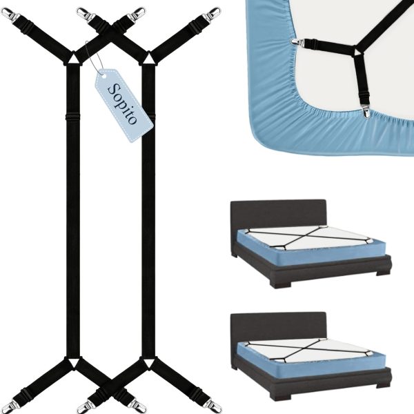 Sopito Sheet Straps, Adjustable Bed Sheet Suspenders Max Stretch from 29.5 in to 82.7 in Compatible for Crib to King Size Bed, Non Slip Holder Fasteners Clips, 2pcs/Black