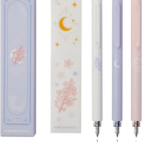 Kaco Gel Pens Cute Stationery 3 Pieces 0.5mm Fine Point, Quick Drying Pens for Journaling Aesthetic Office Supplies, 2 Black Ink and 1 Coral Ink