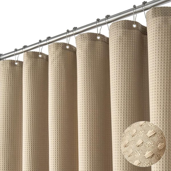Dynamene Beige Fabric Shower Curtain - Waffle Textured Heavy Duty Cloth Shower Curtains for Bathroom, 256GSM Hotel Spa Luxury Weighted Bath Curtain Set with 12 Plastic Hooks,72x72, Beige/Khaki