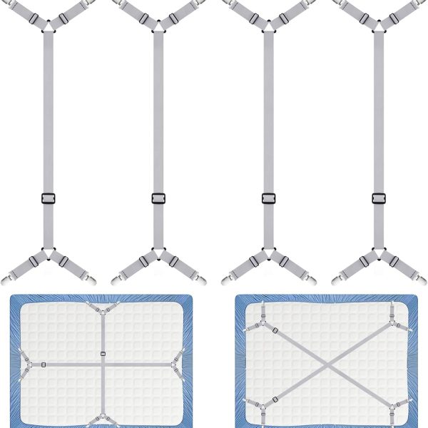 Morcheiong Bed Sheet Fasteners Straps - 4 Pack Adjustable Bed Sheet Holder Strap for Bedding Stays Bedsheet Tie Downs - Grey