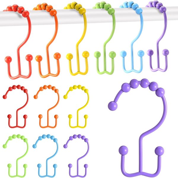 Wenqik 12 Pcs Colorful Shower Curtain Hooks Bohemian Rainbow Color 304 Stainless Steel Rings Rust Proof Balanced Double Glide Shower Hooks for Curtain Bathroom(Rainbow Color)