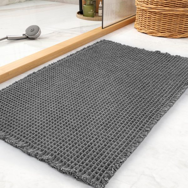 tchdio Waffle Bath Mat Rug, Super Absorbent Non Slip Bath Mats for Bathroom Mat Ultra Soft Bathmat Machine Washable Bathroom Rugs with Tassels, Bath Rugs Beside Tub, 17" x 24"