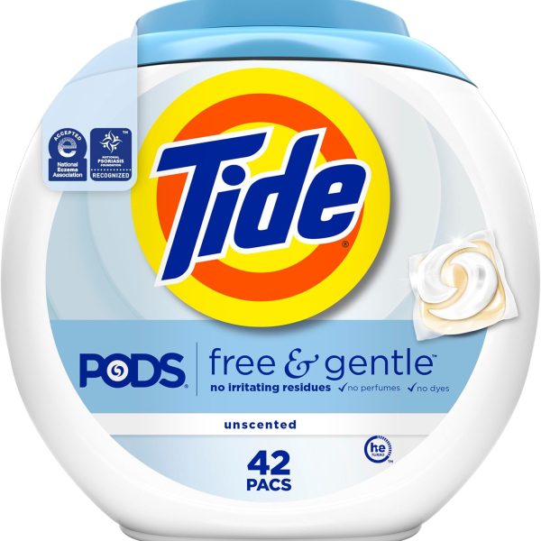 Tide PODS Free & Gentle Laundry Detergent Soap Pacs, 42 Count, Tide PODS Laundry Detergent (Packaging May Vary)