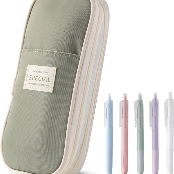 Large Capacity Pencil Case, Pencil Pouch with 5 Black Gel Pens (0.5mm), Big Zipper Pen Bag for Students, Aesthetic School Supplies, Cute Stationery Set for Girls and Women (Green)