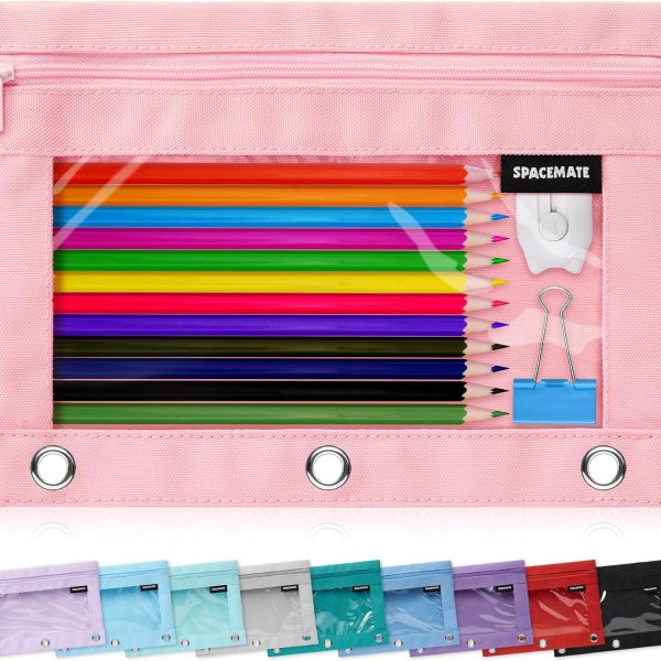 SPACEMATE Binder Pencil Pouch Case Box Bag for 3 Ring Binder School Supplies Girls Boys Kids, Clear Preppy Stuff Large Aesthetic Pen Organizer, Back to College Stationary, 1 Pack, Light Pink