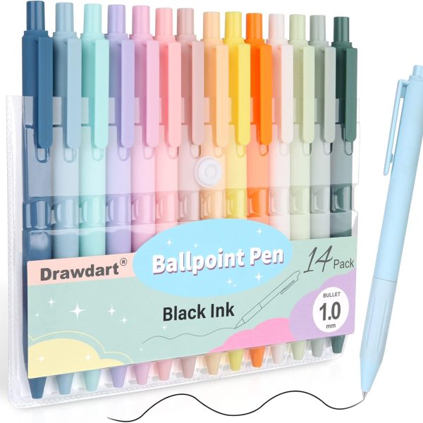 14-Pack Pastel Ballpoint Pens, Medium 1.0mm Black Ink, Retractable - For Smooth Writing and Journaling