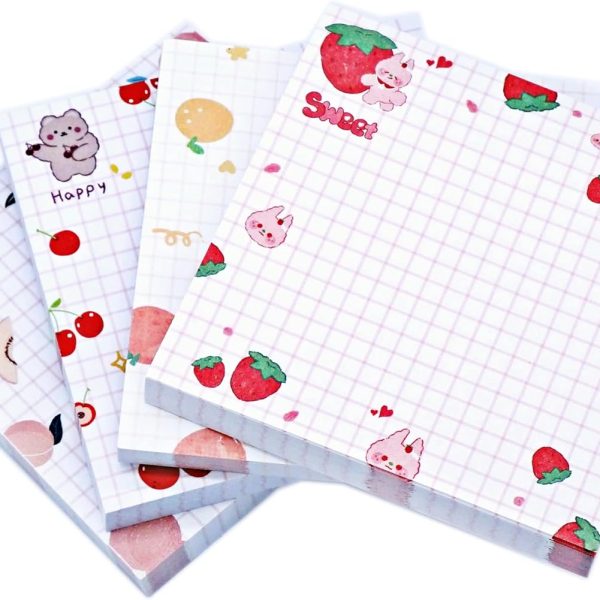 Kawaii Sticky Notes - 4 Pads, 80 Sheets/Pad, 3.1x3.1in, Self-Stick Note Pads With 4 Unique Cute Patterns, Colorful Super Sticky Fruit Designs