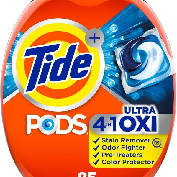 Tide 4-in-1 Ultra Oxi PODS Laundry Detergent Pacs, 85 Count, HE Compatible, Built in Pre-treater for Stains