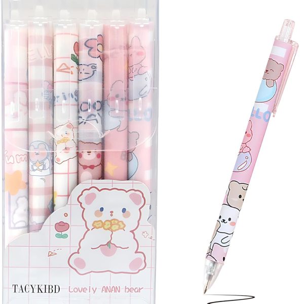 6Pcs Retractable Cute Pens, Kawaii Cartoon Bear Pens for Journaling, Quick Dry Black Ink Gel Pen, Fine Point Smooth Writing Pen for Girls Kids Office School Supplies Fun Gifts(0.5mm)