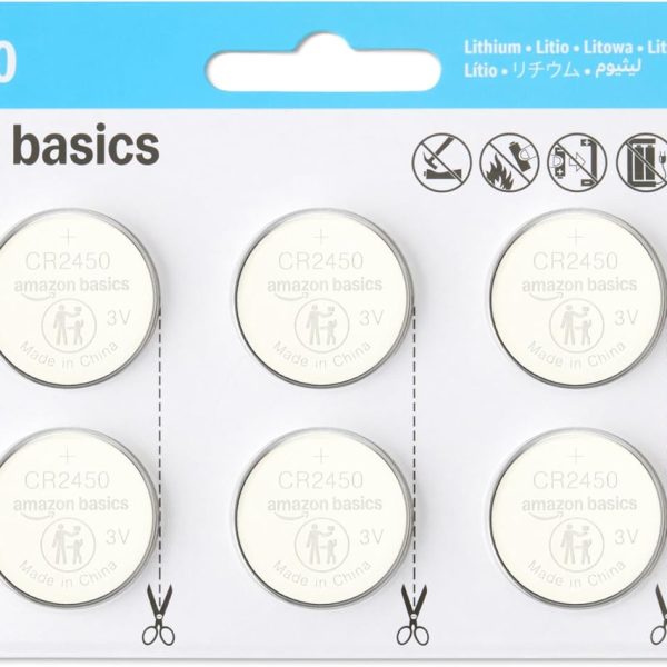 Amazon Basics 6-Pack CR2450 Lithium Coin Cell Battery, 3 Volt, Long Lasting Power, Mercury-Free, Child-Safe Package (Use Scissors to Open)