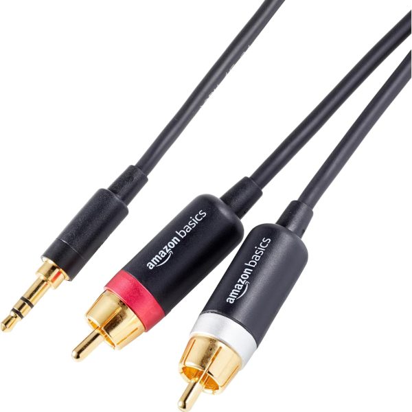 Amazon Basics 3.5mm Stereo Aux to 2 x RCA Audio Cable Adapters, 4 Feet/1.2 m, for Connecting Amplifiers, Speakers, with Gold-Plated Plugs, Black