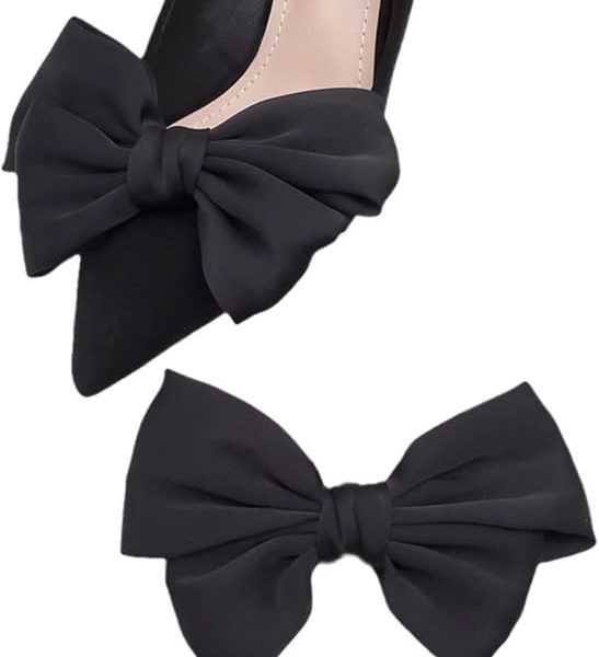 Tsangbaby Satin Bow Shoe Clips Dots Solid Color Shoe Clips Removable Shoe Clips Elegant Wedding Party Shoe Buckle Bag Clothing Hair Accessories for Women Girls 2 Pcs (Black Bow)