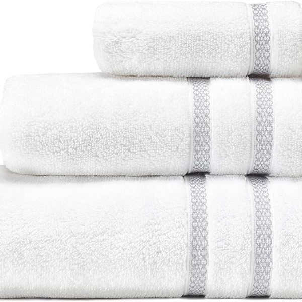 Vera Wang - Bath Towels, 100% Soft & Absorbent Terry Cotton, Low Linting and Fade Resistant, Medium Weight Bathroom Towels (Textured Trellis Grey, 3 Piece)