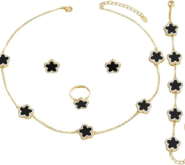 Luxury 4-Piece Clover Flower Jewelry Set for Women - Gold-Tone Necklace, Bracelet, Ring & Stud Earrings with Black Enamel & Crystal Accents