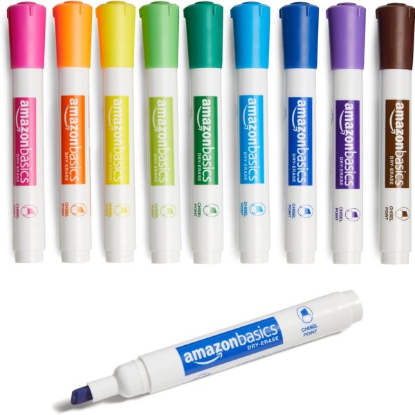 Amazon Basics Dry Erase Markers For Whiteboards, Chisel Tip, Low-Odor, Assorted Colors, Pack of 12