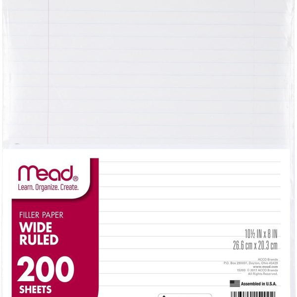 Mead Loose Leaf Paper, Wide Ruled Filler Notebook Paper, 8" x 10-1/2", 200 Sheets, Fits 3-Ring Binder (15200)