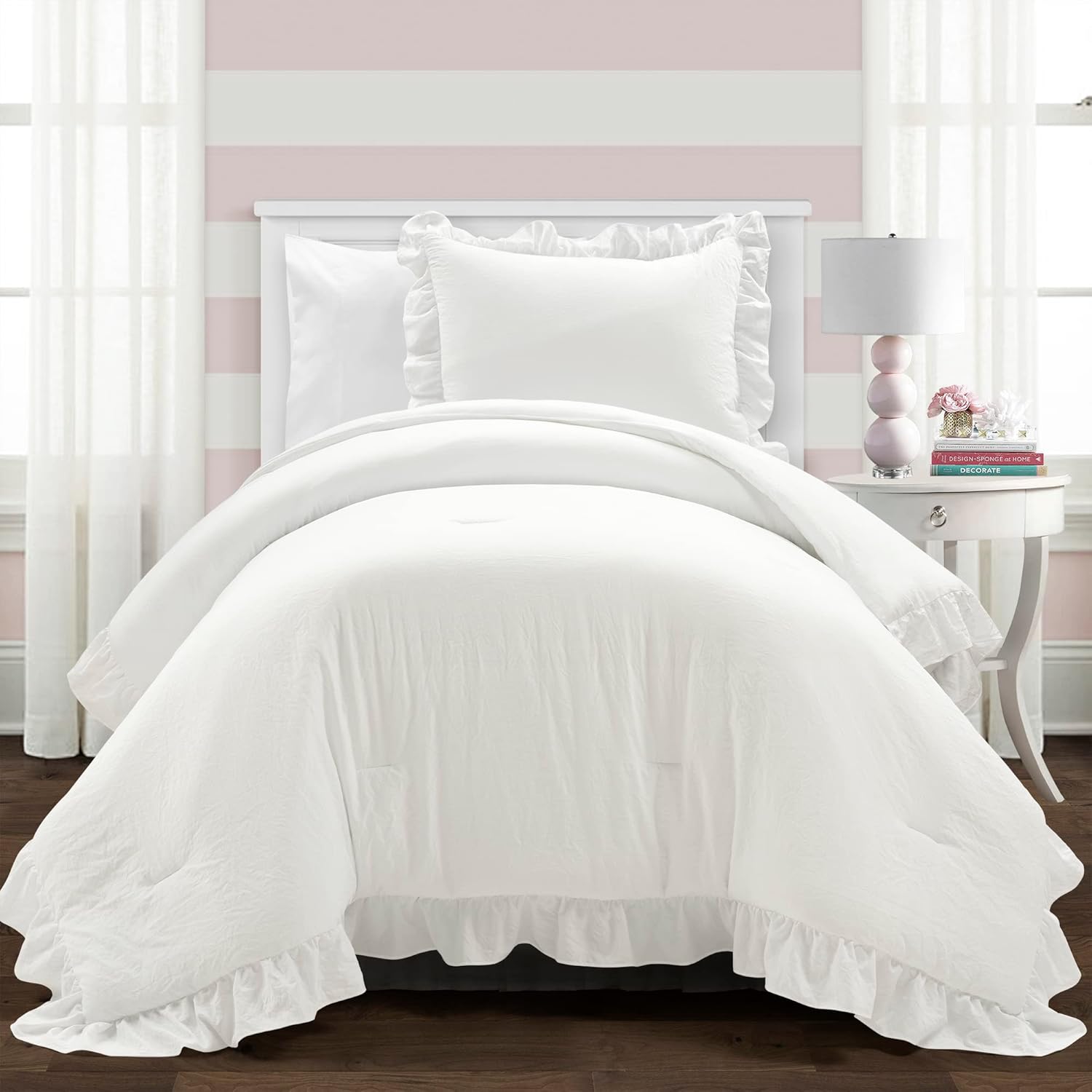 61 Lush Decor Reyna Ruffle Comforter Set - 2 Piece Twin Size Ruffle Comforter Set - Elegance for Dorm Room - Twin XL, Pure White - Image 1