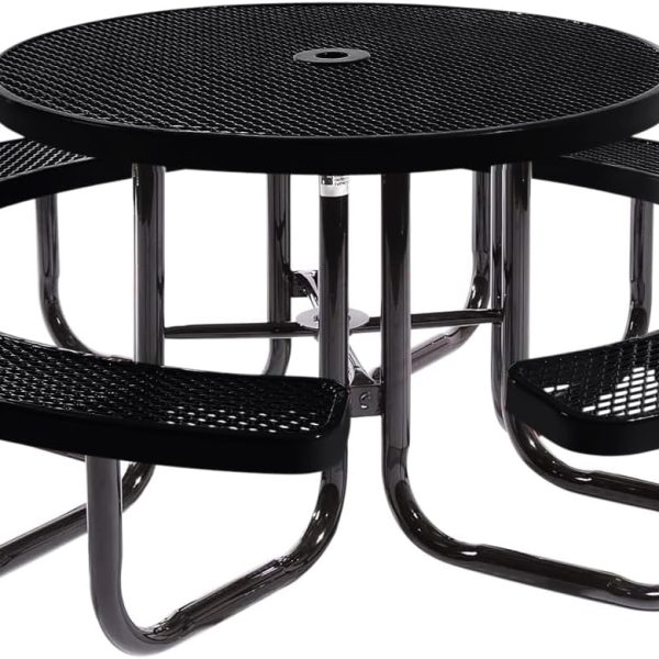 COATEDOUTDOORFURNITURE Heavy-Duty Portable Outdoor Picnic Table with Umbrella Hole, Expanded Metal Commercial-Grade Patio Dining Furniture Made in America (46" Round Top, Black)