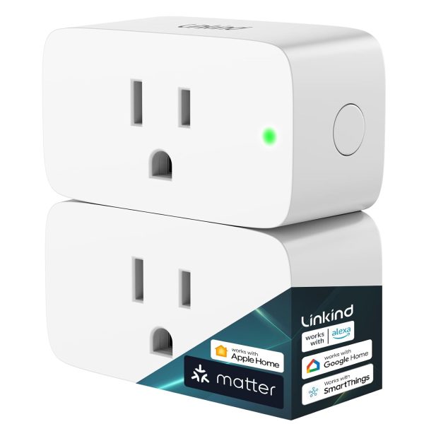 Linkind Matter Smart Plug, Work with Apple Home, Siri, Alexa, Google, SmartThings, Smart Outlet 15A/1800W Max, Smart Home Automation, APP Remote Control,Timer&Schedule, 2.4G Wi-Fi Only, 2 Pack