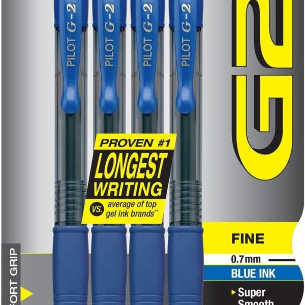 Pilot G2 Premium Gel Roller Pens, Fine Point 0.7 mm, Blue Ink Pens Fine Point, Pack of 4 - Ideal for School, Journaling, and Office Writing