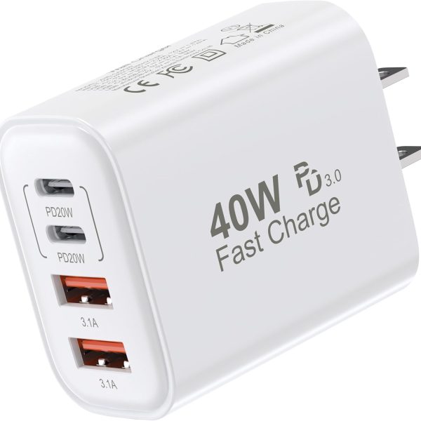 USB C Charger Block, 1-Pack 40W 4 Ports USBC Wall Charger Plug Fast Charging, iPhone Charger QC Multiport Adapter, USB A Type C Box Brick Cube for iPhone 17 16 15 14 13 12 Pro Max, Samsung