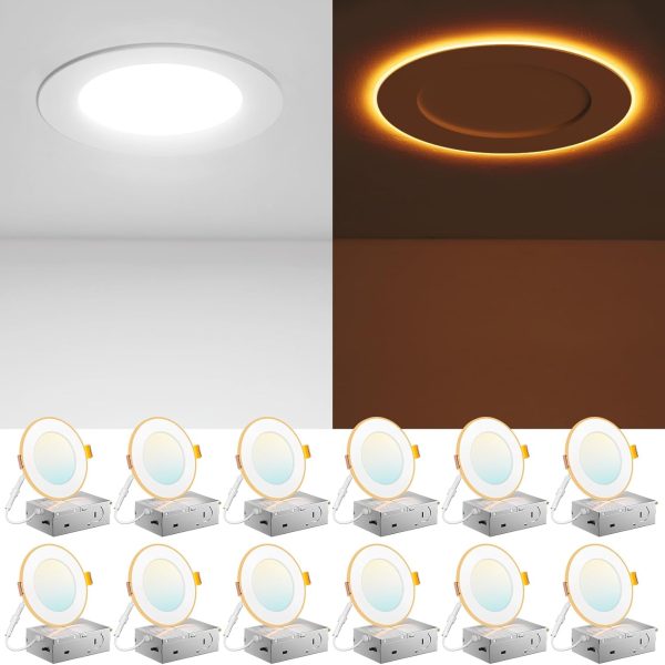 Amico 12 Pack 4 Inch 5CCT LED Recessed Ceiling Light with Night Light, 2700K/3000K/3500K/4000K/5000K Selectable Ultra-Thin Lighting, 10W=90W, 700LM, Dimmable Canless Wafer Downlight - ETL&FCC