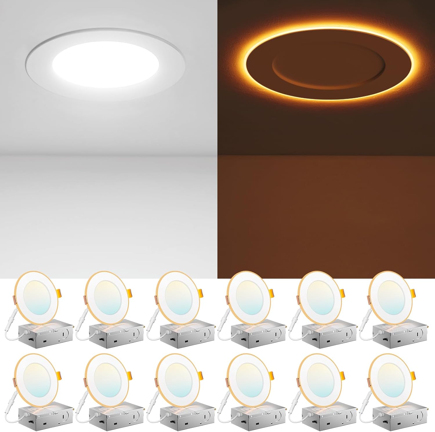 61VMIqTQ2rL._AC_SL1500_ Amico 12 Pack 4 Inch 5CCT LED Recessed Ceiling Light with Night Light, 2700K/3000K/3500K/4000K/5000K Selectable Ultra-Thin Lighting, 10W=90W, 700LM, Dimmable Canless Wafer Downlight - ETL&FCC - Image 1