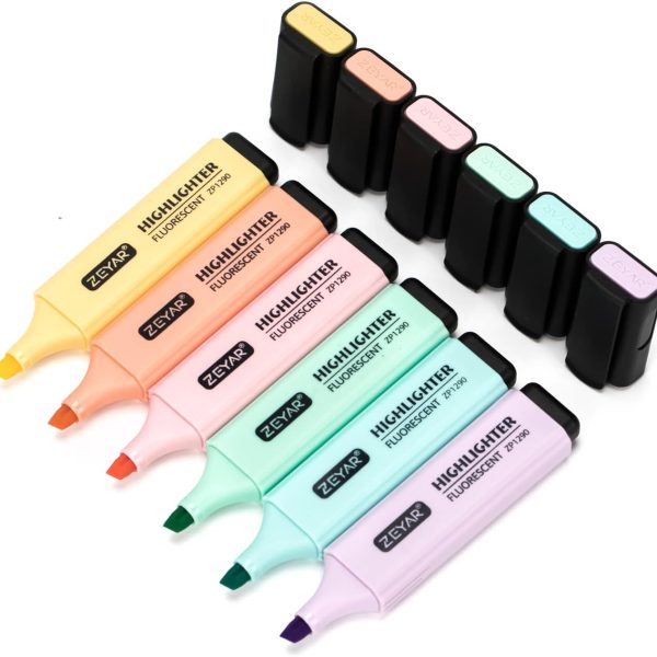 ZEYAR Highlighter, Pastel Colors Chisel Tip Marker Pen, AP Certified, Assorted Colors, Water Based, Quick Dry (6 Macaron Colors)