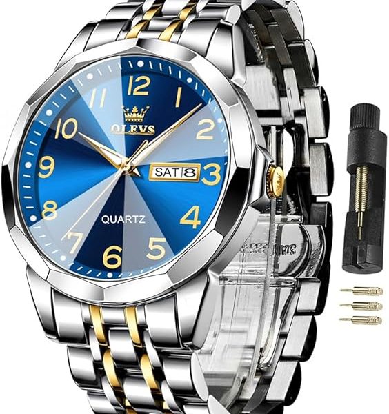 OLEVS Watches for Men Business Dress Diamond Analog Quartz Date Luxury Classic Stainless Steel Waterproof Luminous Two Tone Wristwatch