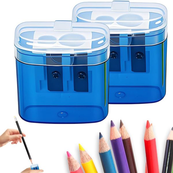 Pencil Sharpeners, Handheld Pencil Pharpener for Kids with Lid, 2 Holes Mini Compact Colored Pencil Sharpener Manual for Classroom, Back to School, Home & Office, Sacapuntas de lapiz (Blue 2PCS)