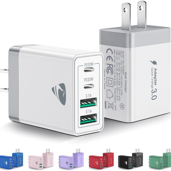 [2-Pack] USB C Wall Charger, 40W Fast USB C Charger Block, 4-Port PD Power Adapter + QC Wall Plug Multiport Type C Charging Block Cube Compatible with iPhone 16 15 14 13 12 11 Pro Max XR XS 8, Samsung