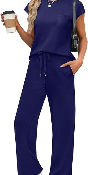 WIHOLL 2 Piece Sets for Women Casual Summer Travel Vacation Outfits Cap Sleeve Lounge Set