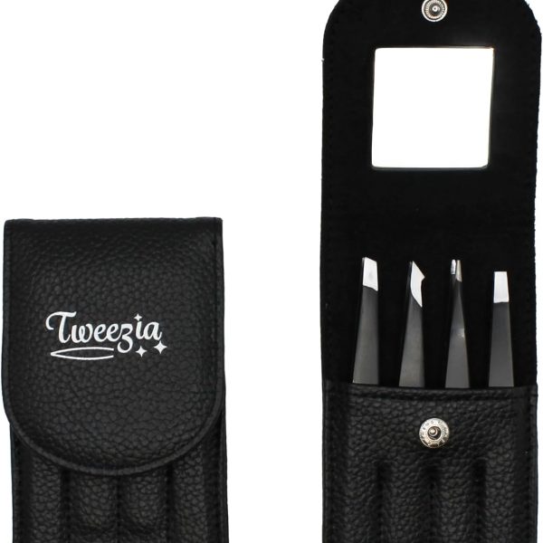 TWEEZIA Stainless Steel Tweezer Set - 4 Precision Tweezers with Mirror & Leather Case - Ideal Eyebrow Kit, Ingrown Hair Tweezers, Splinter Removal Kit or Pointed Tweezers for Beauty and Personal Care