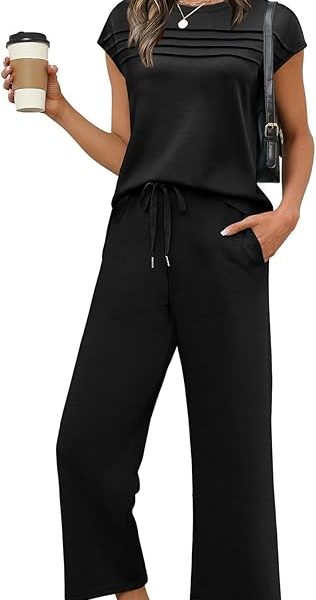 WIHOLL Two Piece Sets for Women Summer Travel Vacation Outfits Cap Sleeve Lounge Matching Sets Wide Leg Pants S-3XL