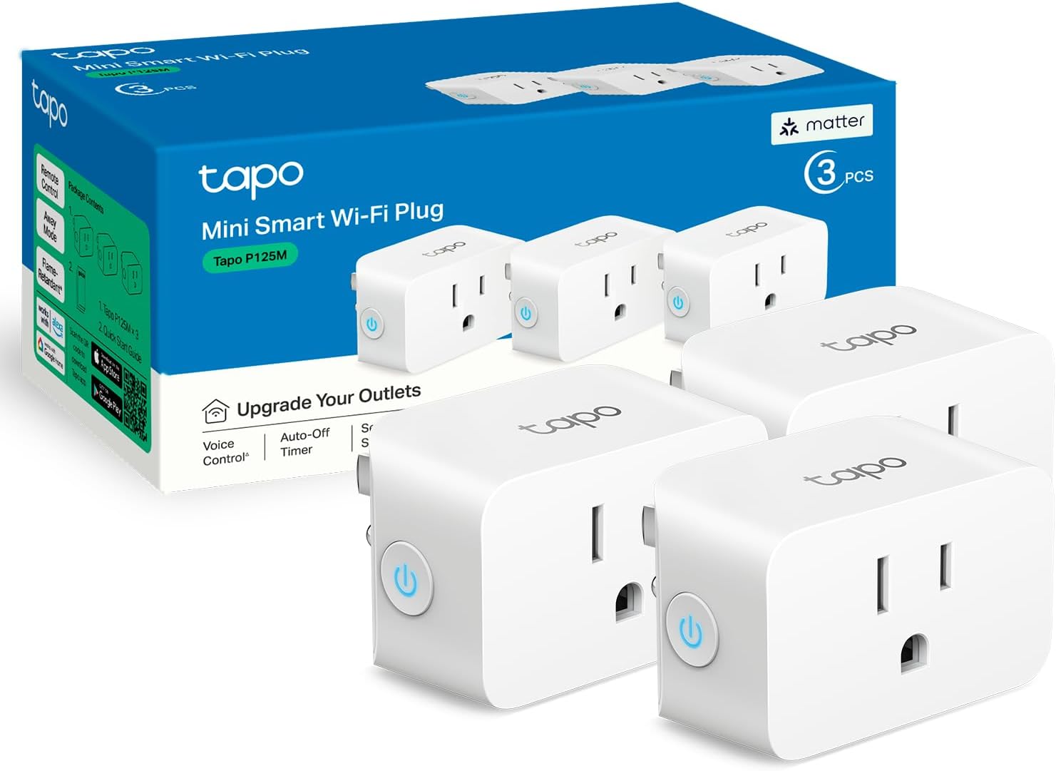 61rT+M93qmL._AC_SL1500_ TP-Link Tapo Matter Supported Smart Plug Mini, Compact Design, 15A/1800W Max, Super Easy Setup, Works with Apple Home, Alexa & Google Home, UL Certified, 2.4G Wi-Fi Only, White, Tapo P125M(3-Pack) - Image 1