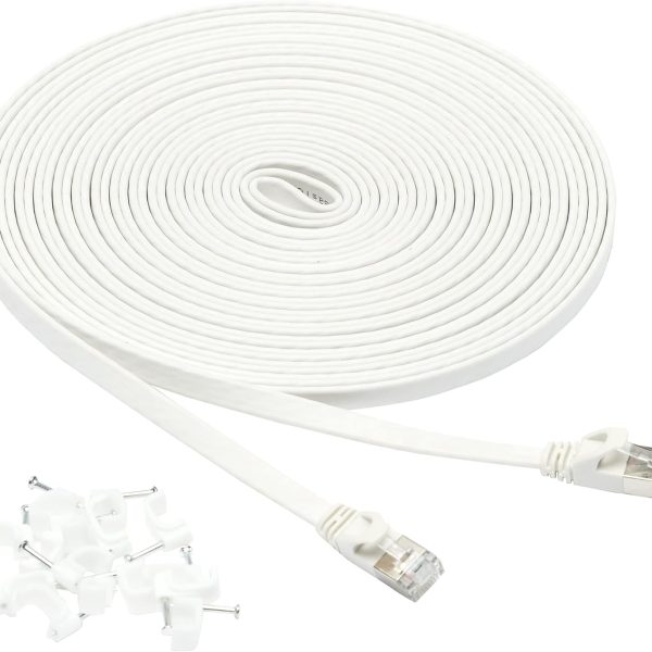 Amazon Basics RJ45 Cat 7 Ethernet Patch Cable, Flat, 600MHz, Snagless, Includes 15 Nails, 30 Foot, White