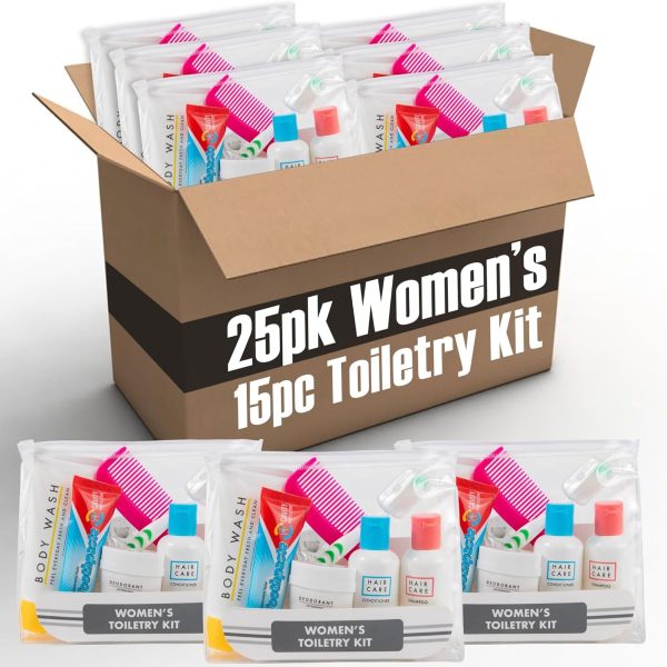 Trail maker (25 Kits) Homeless Care Package Supplies Bulk Summer Hygiene Travel Kits for Women, 15 Piece Travel Size Toiletries, Homeless Supplies in Bulk for Charity