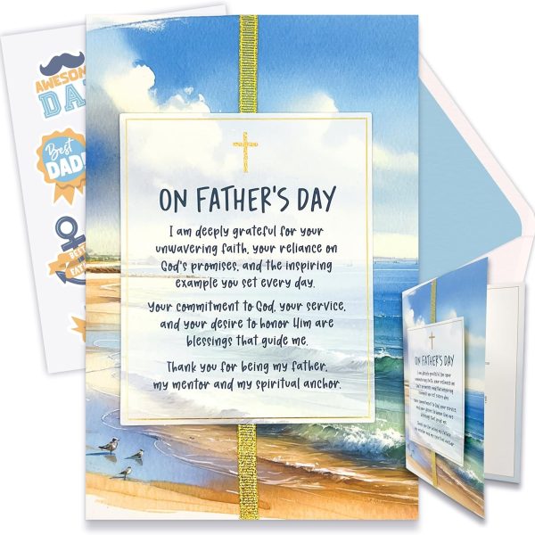 Decorably Gold Foiled 5x8 Individual Fathers Day Religious Cards with Glitter Gold Ribbon and Intricate Die-Cut Greetings, Fathers Day Cards Religious with Envelope and Stickers, with Printed Message